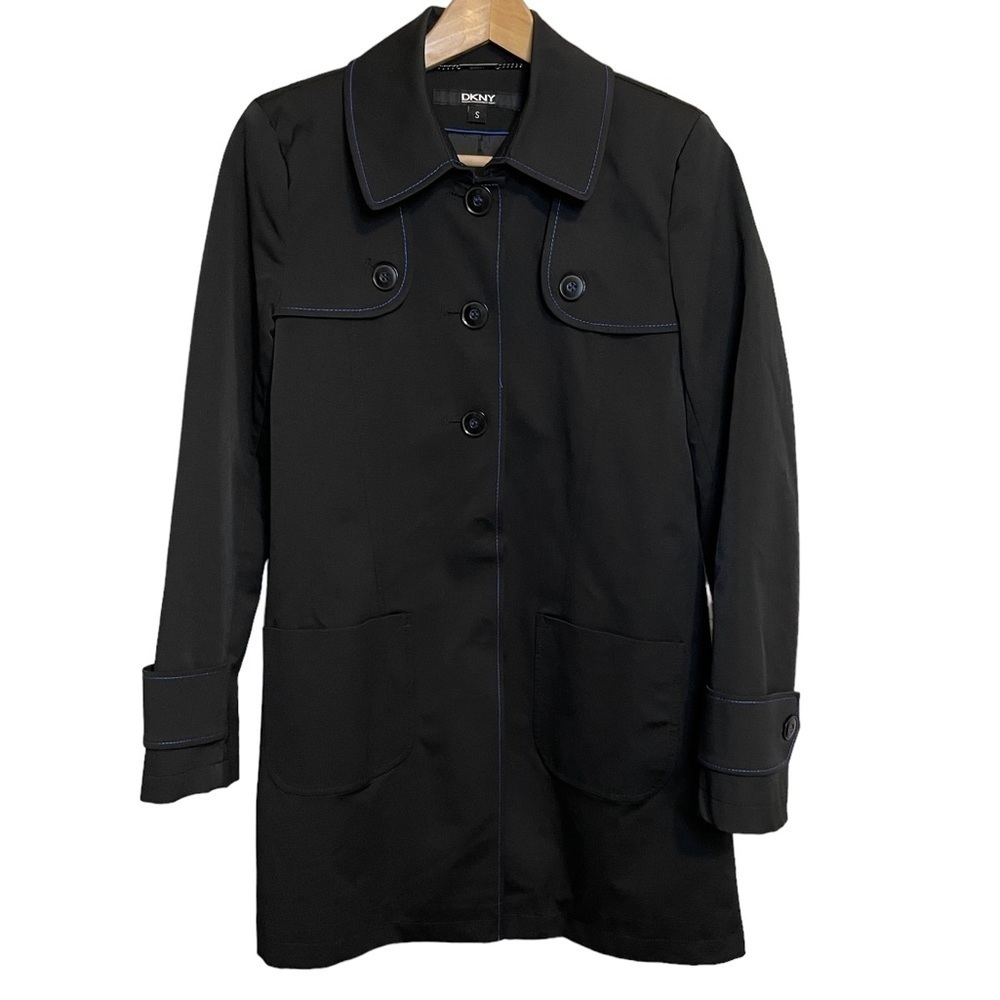 DKNY Women’s Black W/Blue Stitching Patch Pockets Trench Coat Size S
